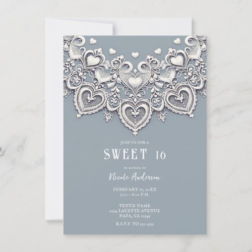 White Lace Hearts Romantic Charm Sweet 16 Invitation