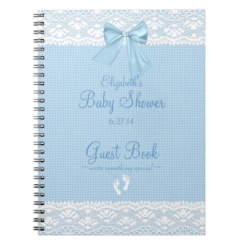 White Lace Image Blue Bow Baby Shower Guest Book_ Notebook