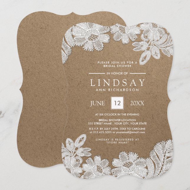 White Lace | Kraft Paper Bridal Shower Invitations (Front/Back)