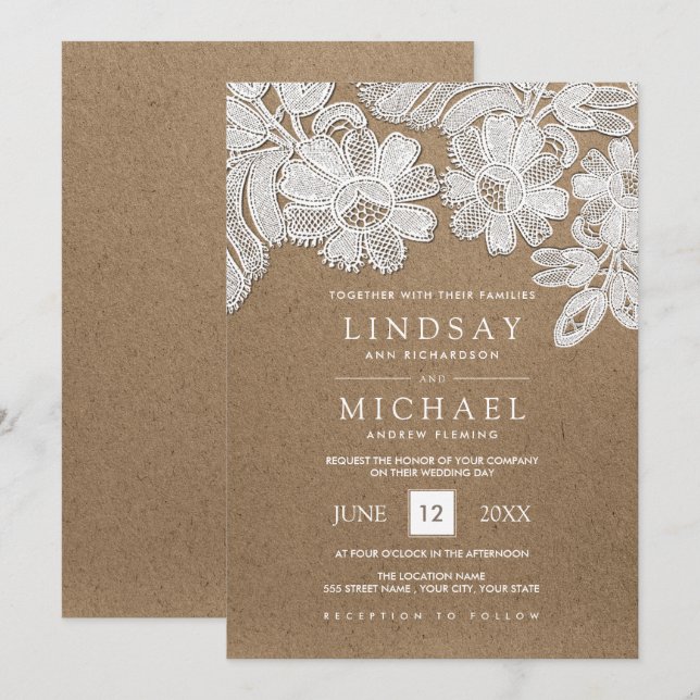 White Lace | Kraft Paper Wedding Invitations (Front/Back)