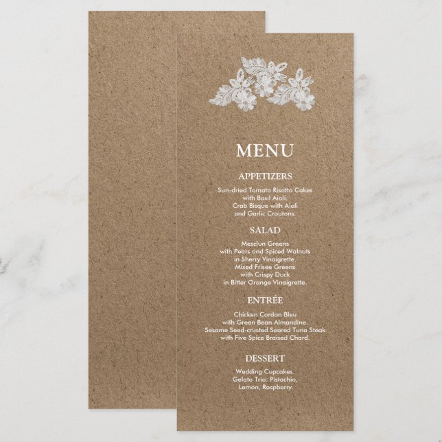 White Lace | Kraft Paper Wedding Menu Cards (Front/Back)