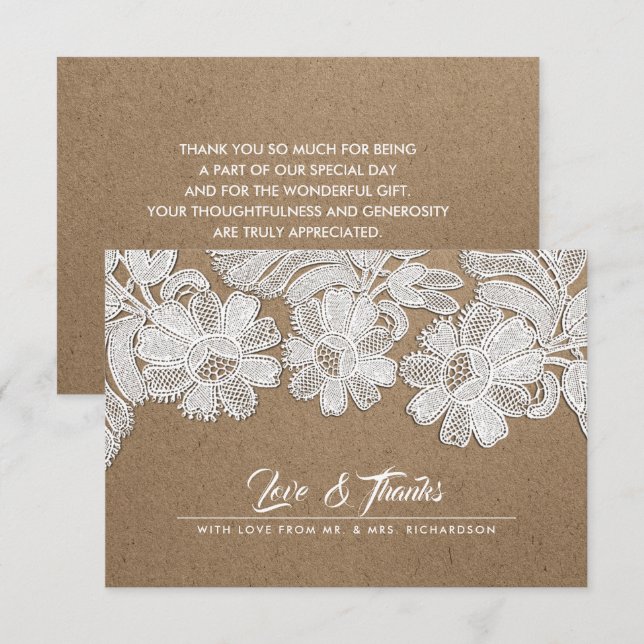 White Lace | Kraft Paper Wedding Thank You Cards (Front/Back)