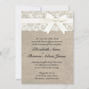White Lace Look Rustic Burlap Wedding Invitation