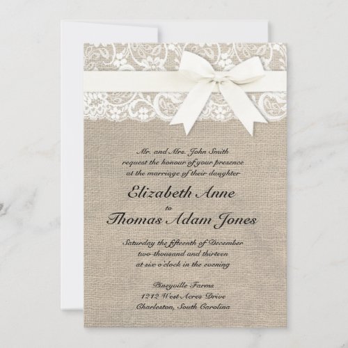 White Lace Look Rustic Burlap Wedding Invitation