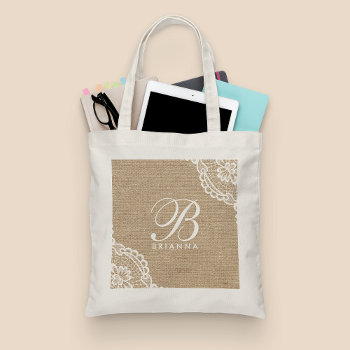 White Lace Monogram Burlap Elegant Tote Bag by girlygirlgraphics at Zazzle