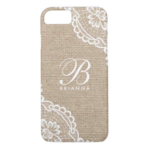 White Lace Monogram Burlap iPhone 87 Case