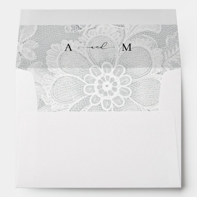 White Lace Monogram Elegant White Wedding Envelope (Back (Bottom))