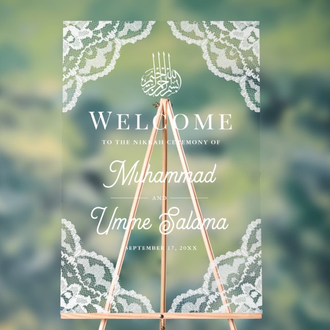 White Lace Muslim Wedding Welcome Acrylic Sign (Neutral)