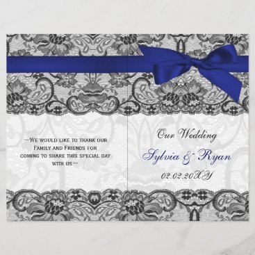 white lace,n blue ribbon book fold Wedding program