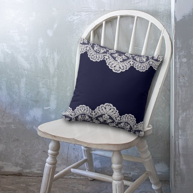 White Lace Navy Blue Throw Pillow (Creator Uploaded)