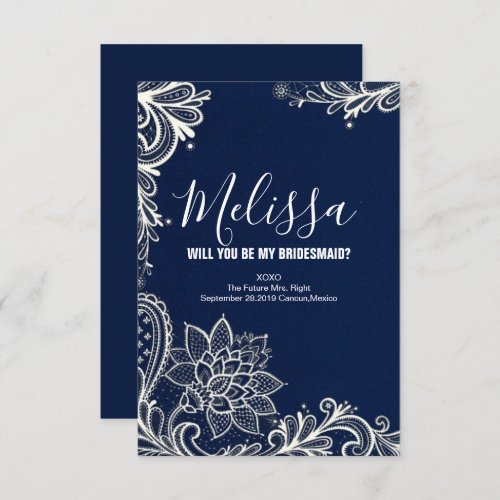 white lace navy blue will you be my bridesmaid invitation