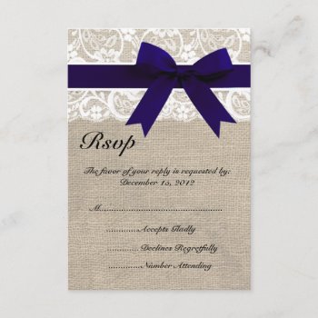 White Lace Navyribbon And Burlap Wedding Rsvp Card by ModernMatrimony at Zazzle