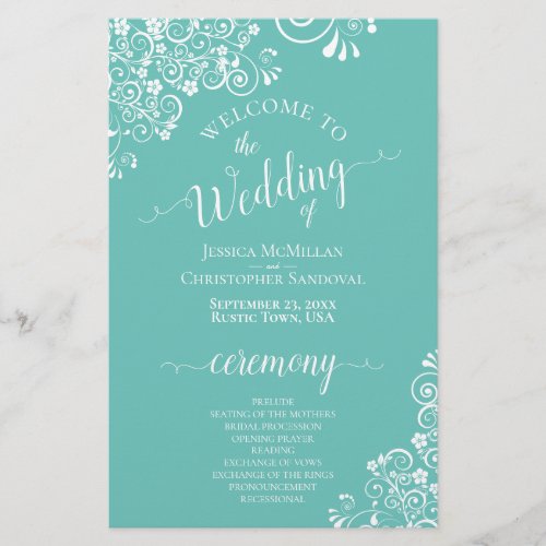 White Lace on Aqua Teal Budget Wedding Program