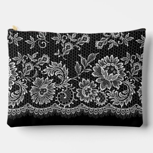 White Lace On Black Accessory Pouch