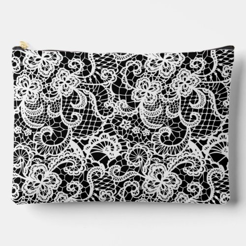 White Lace On Black  Accessory Pouch