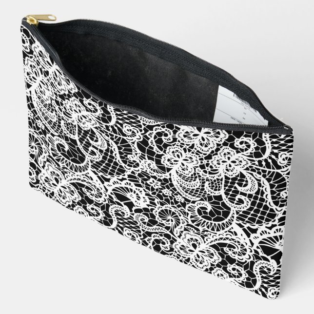 White Lace On Black  Accessory Pouch (Open)
