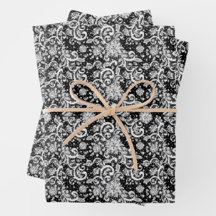 White Lace on Black Background Pattern Wrapping Paper Sheets