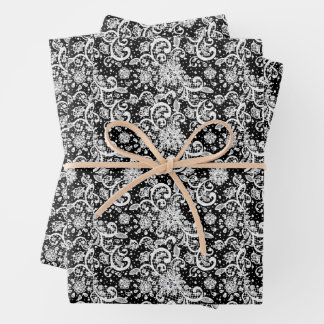 White Lace on Black Background Pattern Wrapping Paper Sheets