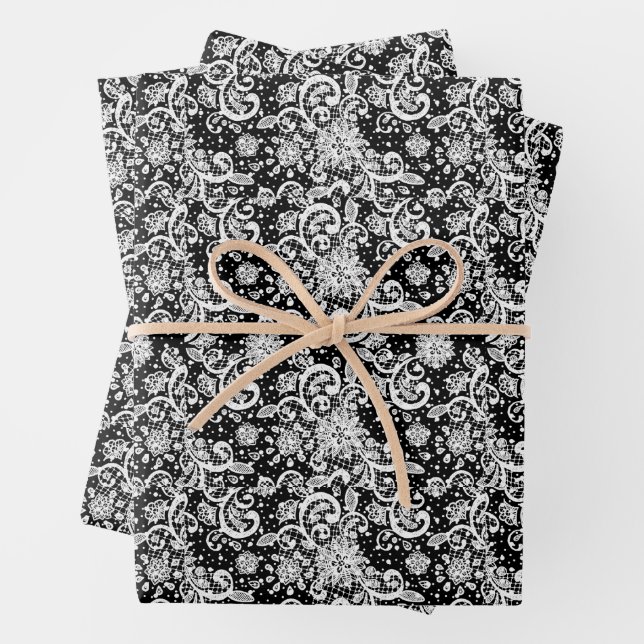 White Lace on Black Background Pattern Wrapping Paper Sheets (In situ)
