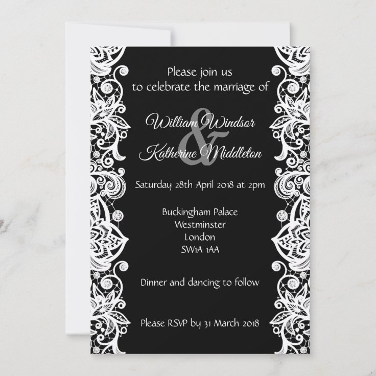 White lace on black background Wedding Invitation | Zazzle