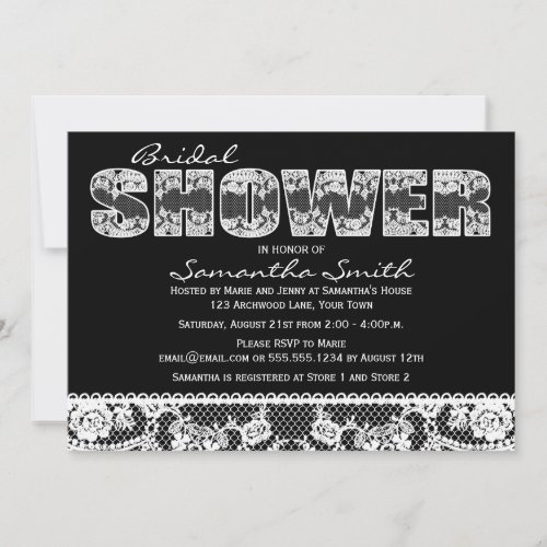 White Lace on Black Bridal Shower Party Invitation