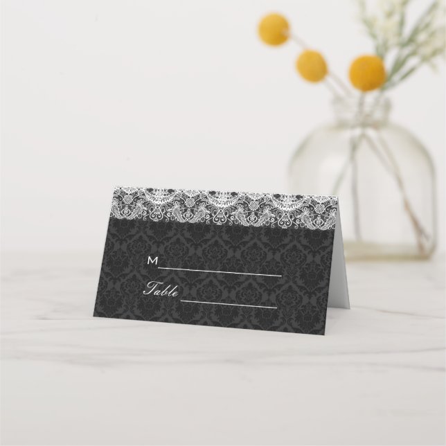 White Lace On Black Damask Place Card (Front)