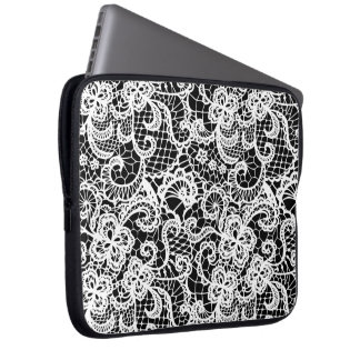 White Lace On Black Laptop Sleeve