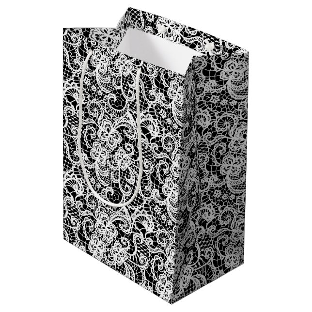 White Lace on Black Medium Gift Bag (Back Angled)