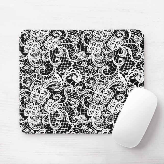 White Lace On Black Mouse Pad (With Mouse)