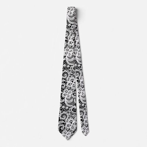 White Lace On Black Neck Tie