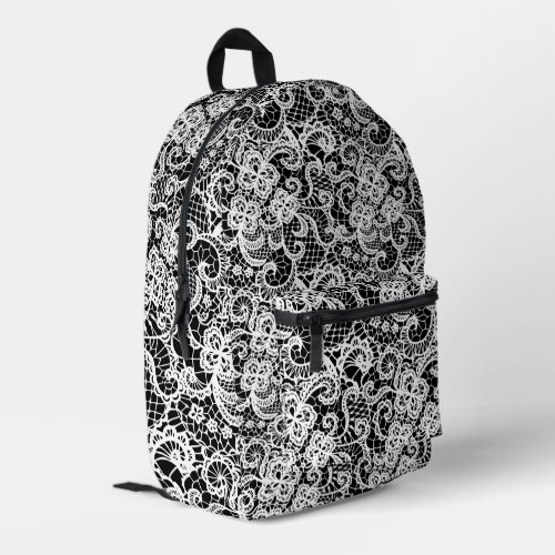 White Lace On Black Printed Backpack