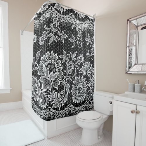 White Lace on Black _ Shower Curtain