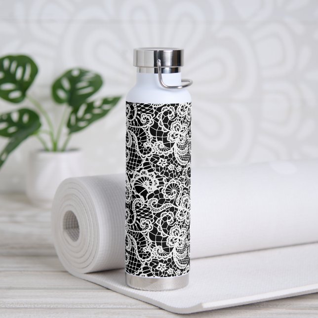 White Lace On Black  Water Bottle (Yoga)