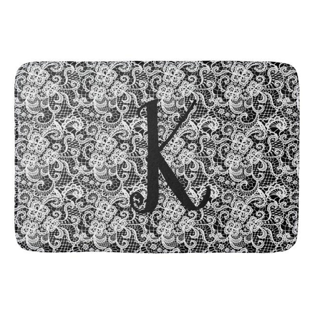 White Lace on Black with Monogram Bath Mat (Front)
