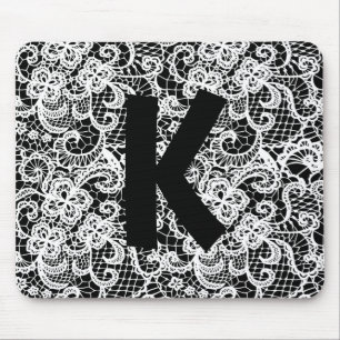 White Lace on Black with Monogram Mouse Pad