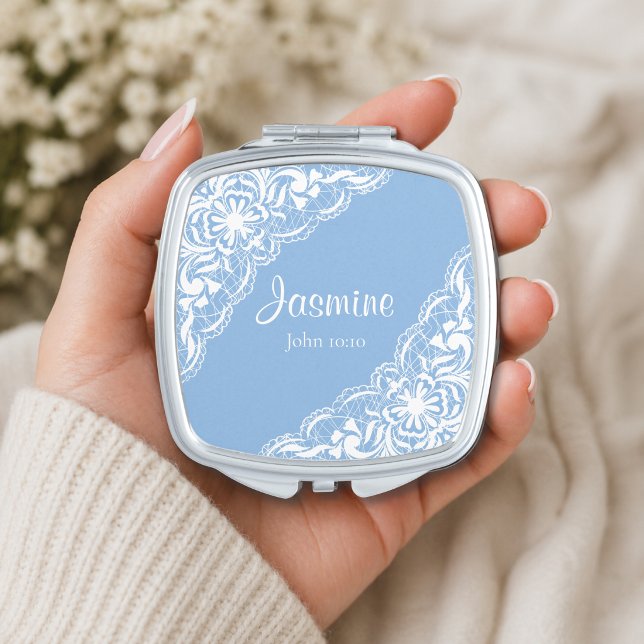 White Lace on Blue Monogram w/ Bible Verse Compact Mirror (Creator Uploaded)