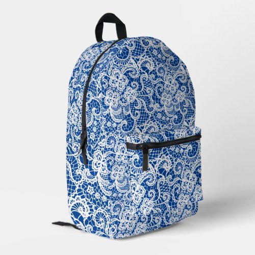 White Lace On Blue Printed Backpack