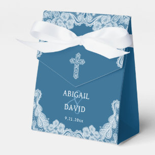 White Lace on Blue Religious Wedding Tent Favor Boxes