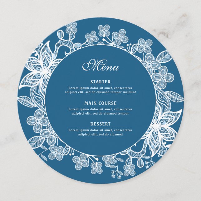 White Lace on Blue Round Menu (Front)
