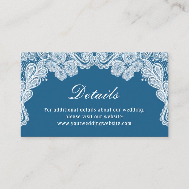 White Lace on Blue Wedding Details Website Enclosure Card (Front)