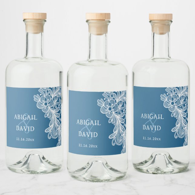 White Lace on Blue Wedding Liquor Bottle Label (Bottles)
