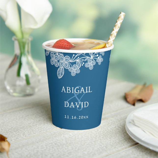 White Lace on Blue Wedding Paper Cups (Insitu)