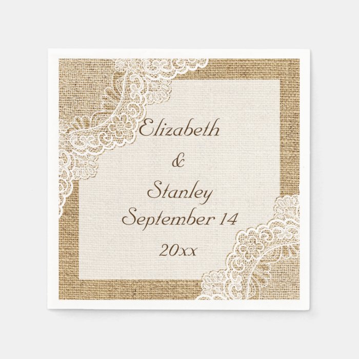 White lace on burlap rustic wedding paper napkin Zazzle