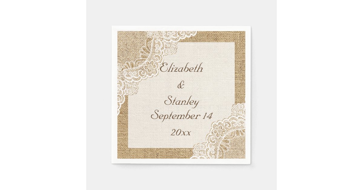 White lace on burlap rustic wedding paper napkins | Zazzle