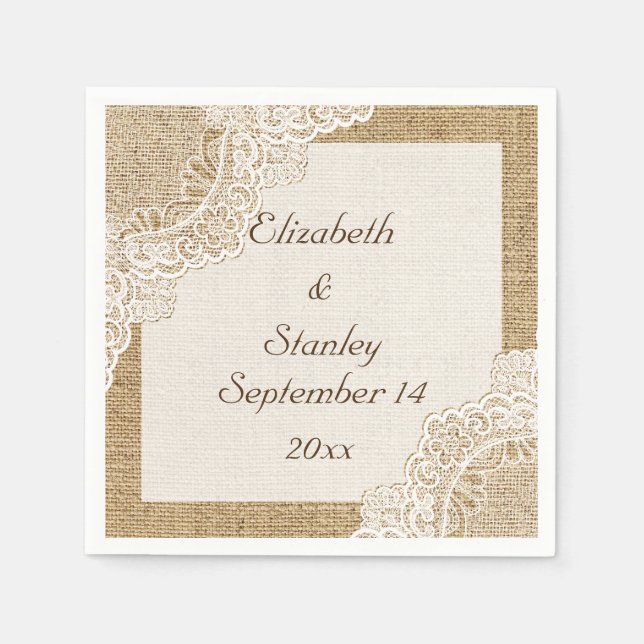 White lace on burlap rustic wedding paper napkins (Front)