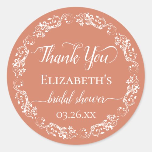 White Lace on Coral Orange Bridal Shower Thank You Classic Round Sticker