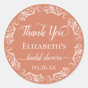 White Lace on Coral Orange Bridal Shower Thank You Classic Round Sticker