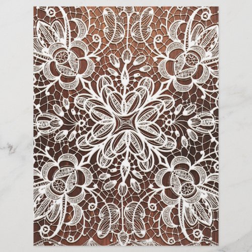 White Lace on Dark Wood Scrapbook Paper