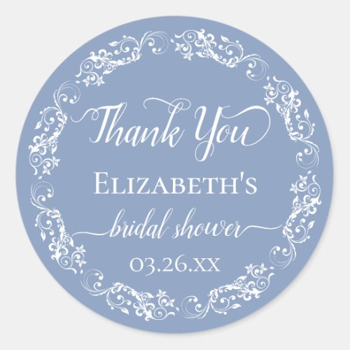 White Lace on Dusty Blue Bridal Shower Thank You Classic Round Sticker