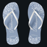 White Lace on Dusty Blue Bridesmaid Wedding Flip Flops<br><div class="desc">These beautiful wedding flip flops are a great way to thank and recognize your bridesmaids while saving their feet at the same time. Features a simple yet elegant design with white floral lace filigree on a dusty blue background. The elegant script lettering reads Bridesmaid with her name below. Great way...</div>